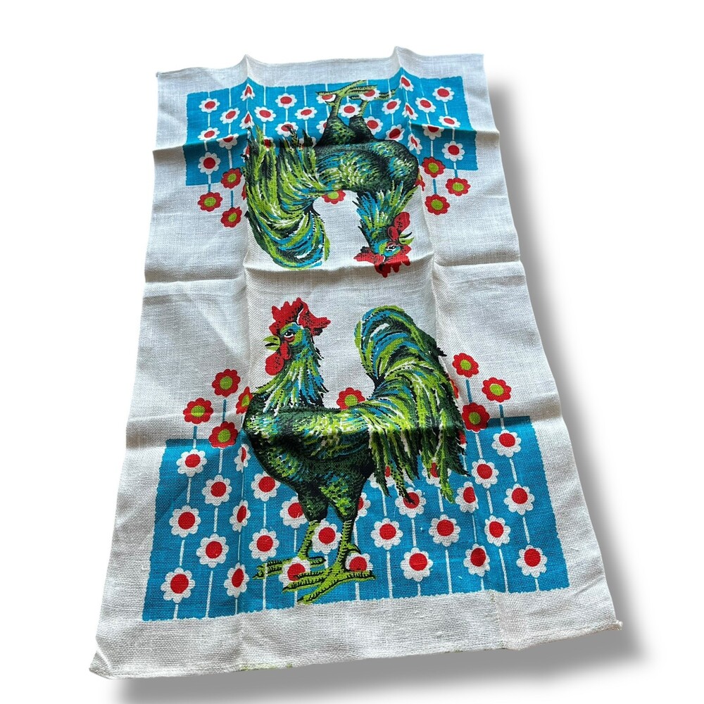 VTG 60s Green Blue & Red Rooster Linen Flower Power Kitchen Decor Tea Towel Fun!